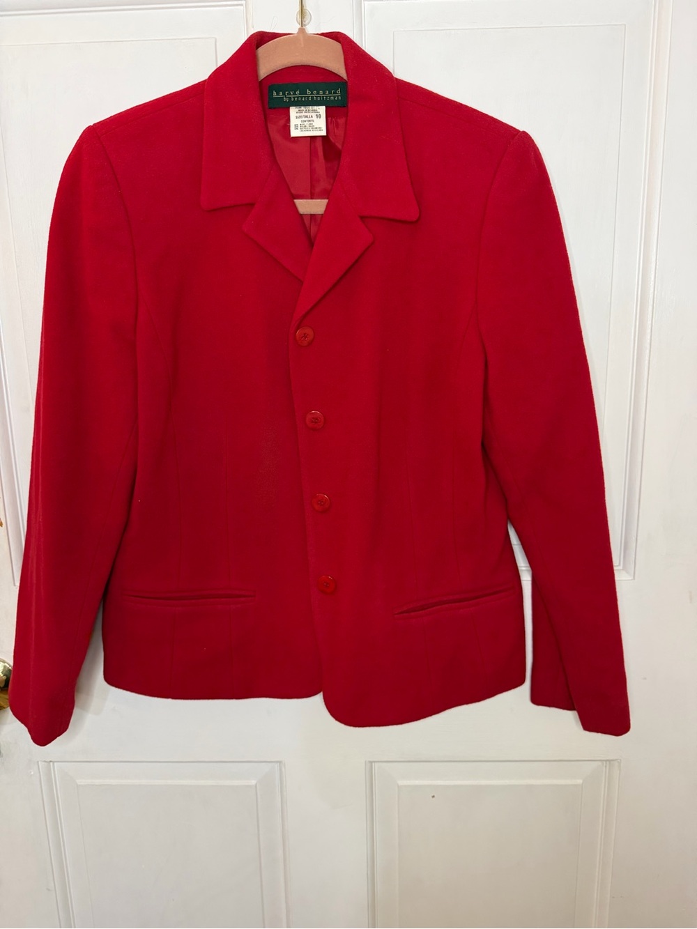 VTG Harvé Benard Women's 10 Red Wool Blend Button-Front Lined Jacket Pockets LS